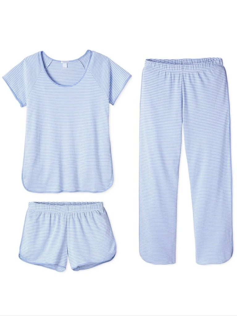 Lake 4 Piece Blue Striped Pima Pjs & Robe, Xs